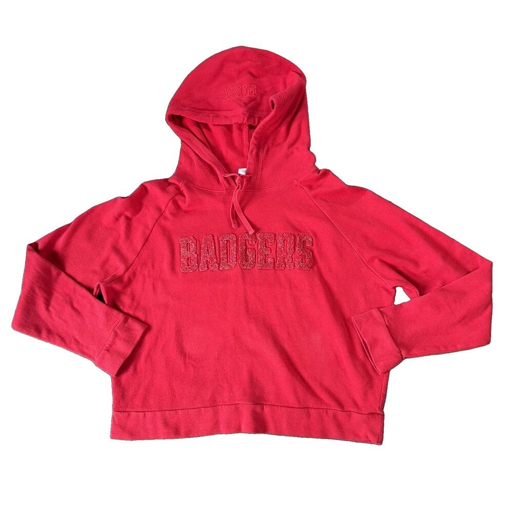 PINK Victoria's Secret Wisconsin Badgers Sz L Red Glitter Spellout NCAA Pullover